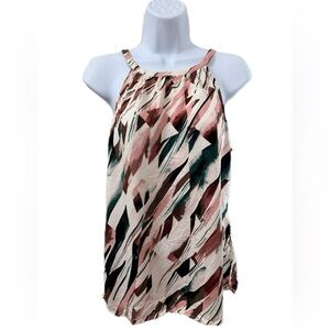 Le Chateau Abstract Print Blouse in Cream, Pink, and Green